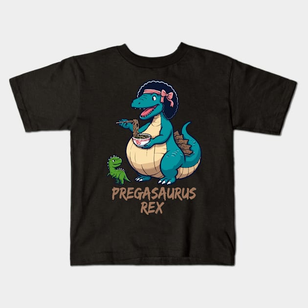 Mamasaurus Rex Funny Pregnancy, Pregasaurus With Ramen Kids T-Shirt by MoDesigns22 